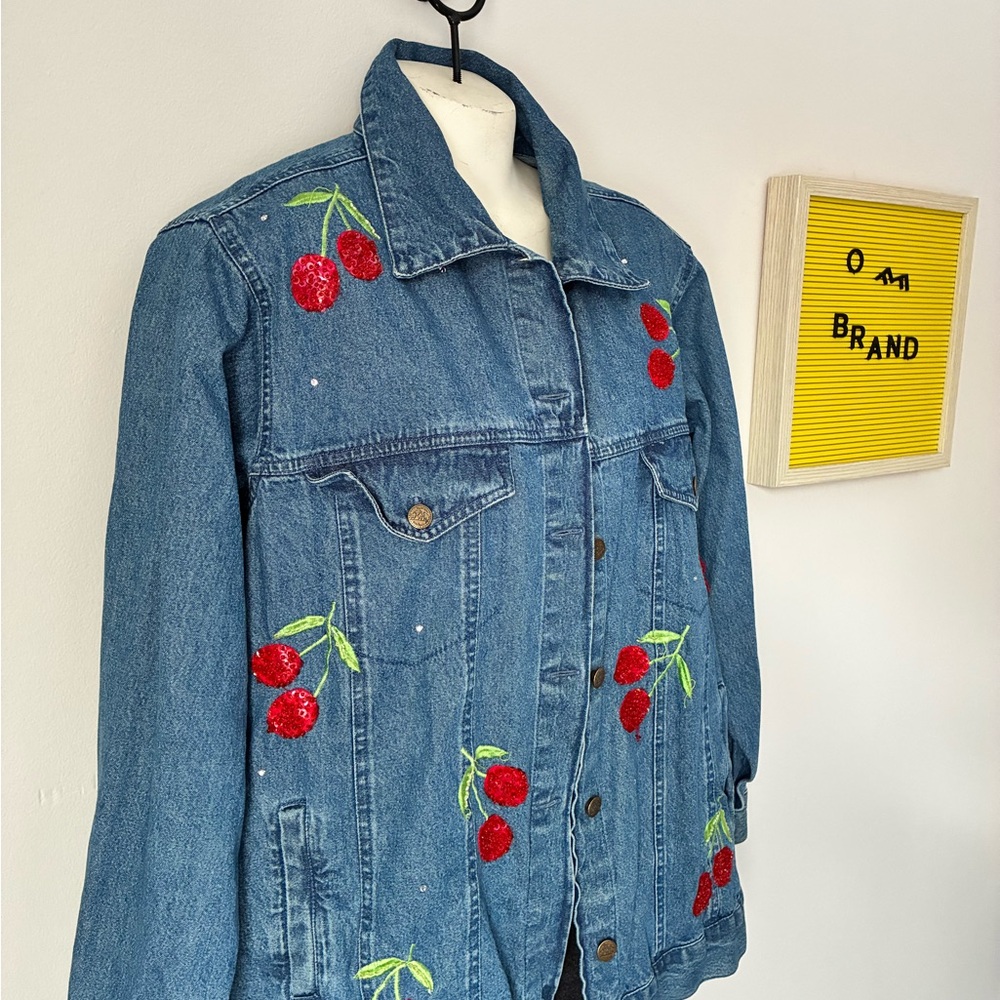 Quacker Factory Blue Jean Jacket with Red Cherry Embroidery - Picture 4 of 7